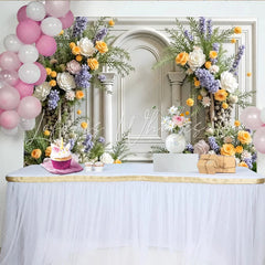 Lofaris Elegant Floral Photography Backdrop with White Arch and Columns Pastel Flowers for Studio Photoshoot and Event Decor