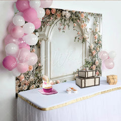 Lofaris Elegant Floral Photography Backdrop with White Arch and Pink Roses Romantic Studio Background for Wedding or Portrait Photos