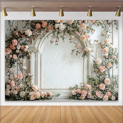 Lofaris Elegant Floral Photography Backdrop with White Arch and Pink Roses Romantic Studio Background for Wedding or Portrait Photos