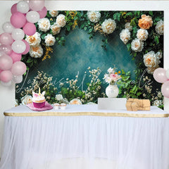 Lofaris Elegant Floral Photography Backdrop with White Roses and Green Leaves Textured Teal Wall Background for Studio Portrait