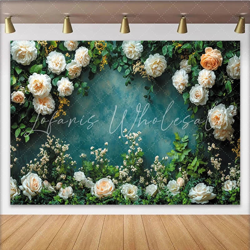 Lofaris Elegant Floral Photography Backdrop with White Roses and Green Leaves Textured Teal Wall Background for Studio Portrait