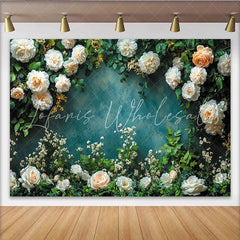 Lofaris Elegant Floral Photography Backdrop with White Roses and Green Leaves Textured Teal Wall Background for Studio Portrait