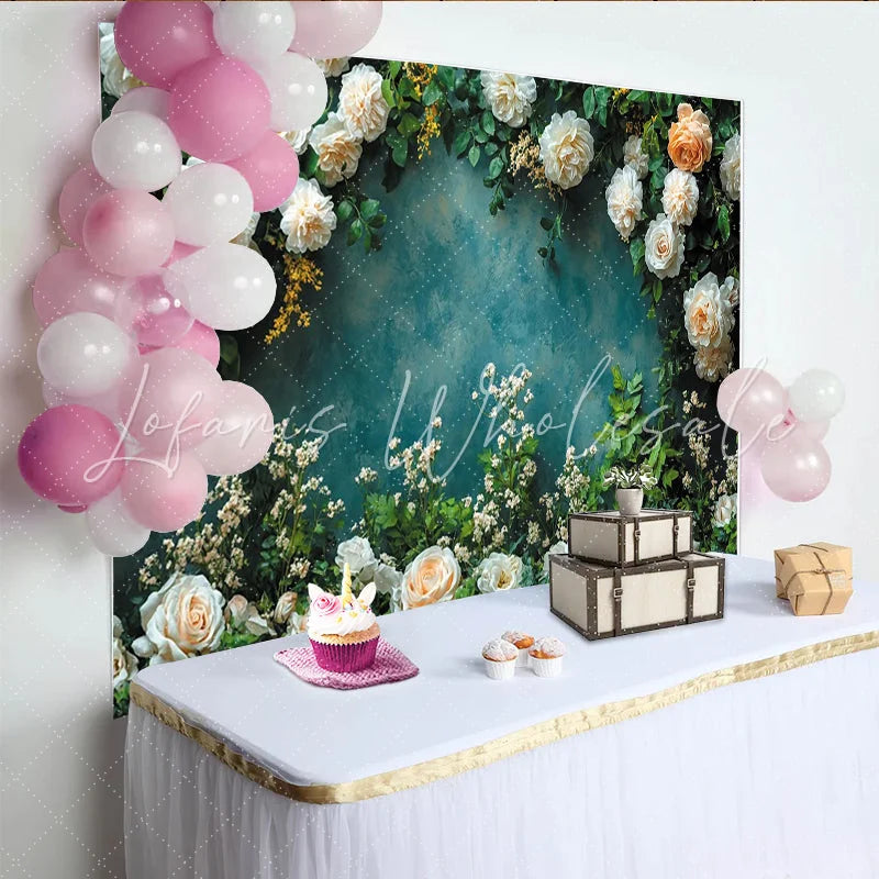 Lofaris Elegant Floral Photography Backdrop with White Roses and Green Leaves Textured Teal Wall Background for Studio Portrait