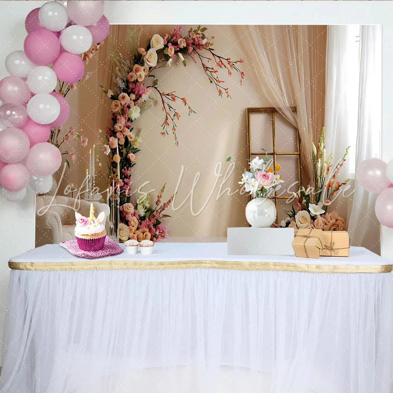 Lofaris Elegant Floral Room Set Backdrop Cream Chair and Arch Flower Photography Background
