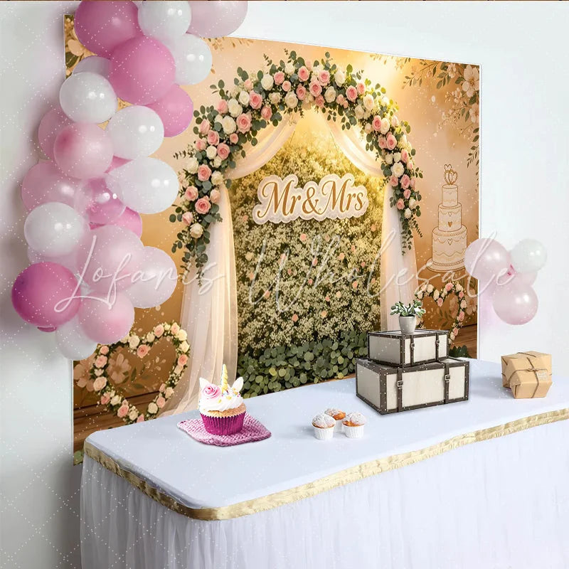 Lofaris Elegant Floral Wedding Backdrop with Pink Roses and Mr and Mrs Sign Beautiful Wedding Cake Background for Romantic Event Photography