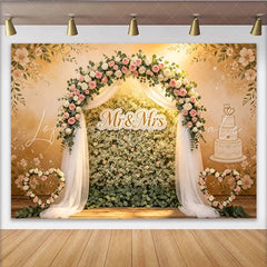 Lofaris Elegant Floral Wedding Backdrop with Pink Roses and Mr and Mrs Sign Beautiful Wedding Cake Background for Romantic Event Photography