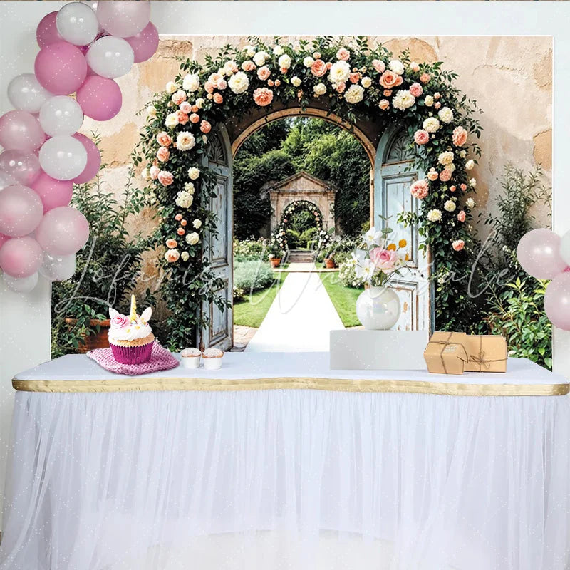 Lofaris Elegant Floral Wedding Backdrop with Rustic Doors and Pink Flowers Beautiful Garden Photography Background for Romantic Events