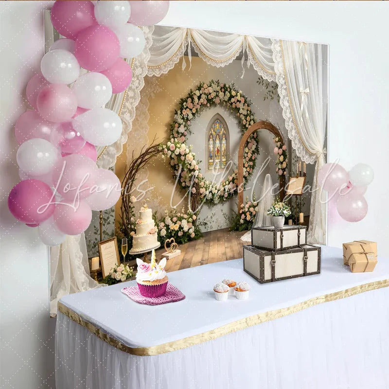 Lofaris Elegant Floral Wedding Backdrop with Stained Glass Window and Sheer Drapes Romantic Photography Background for Event Decor