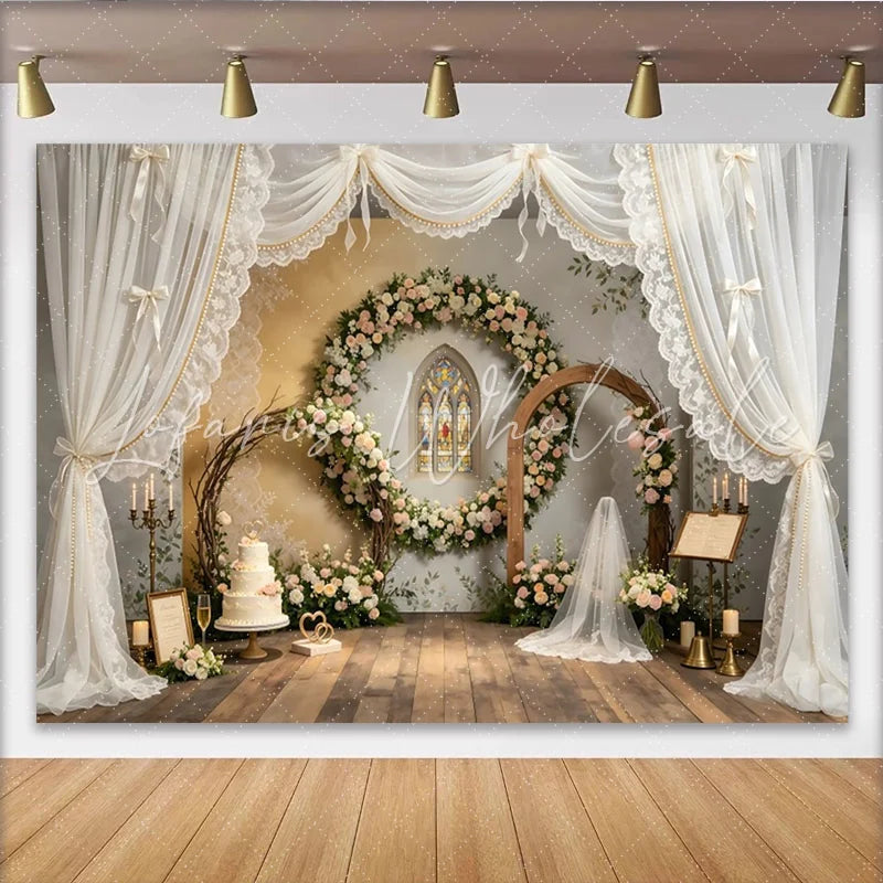 Lofaris Elegant Floral Wedding Backdrop with Stained Glass Window and Sheer Drapes Romantic Photography Background for Event Decor