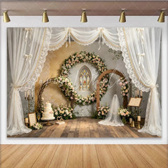 Lofaris Elegant Floral Wedding Backdrop with Stained Glass Window and Sheer Drapes Romantic Photography Background for Event Decor