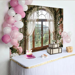 Lofaris Elegant Floral Window Photography Backdrop with Arch and Forest View Beautiful Photo Studio Background for Wedding or Bridal Shower