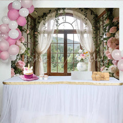 Lofaris Elegant Floral Window Photography Backdrop with Arch and Forest View Beautiful Photo Studio Background for Wedding or Bridal Shower
