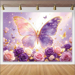 Lofaris Elegant Glitter Pink Purple Butterfly Floral Photography Backdrop Dreamy Rose Flower Background for Girls Birthday Party Decor