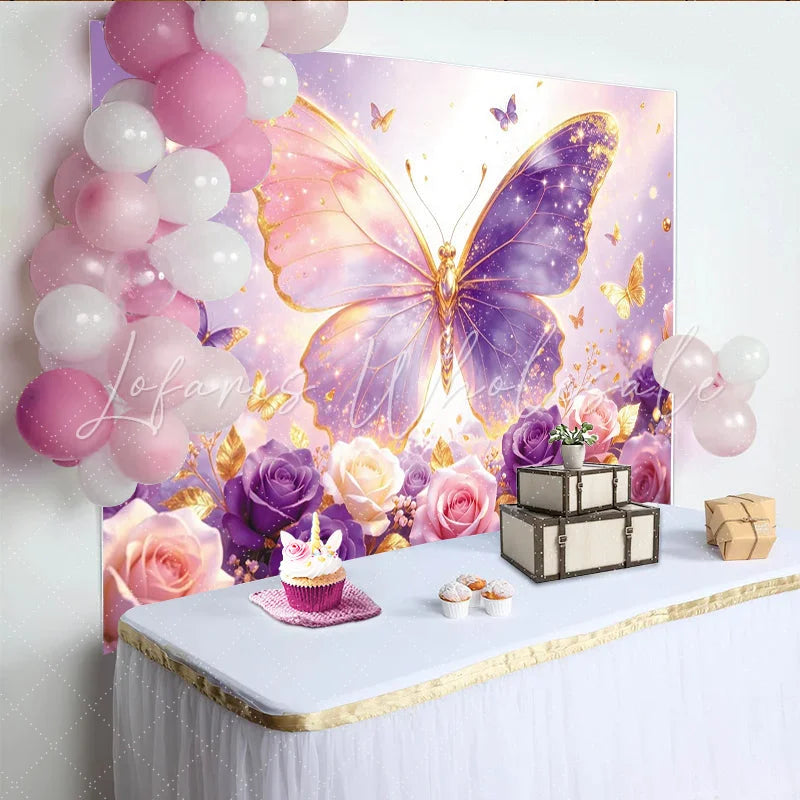 Lofaris Elegant Glitter Pink Purple Butterfly Floral Photography Backdrop Dreamy Rose Flower Background for Girls Birthday Party Decor