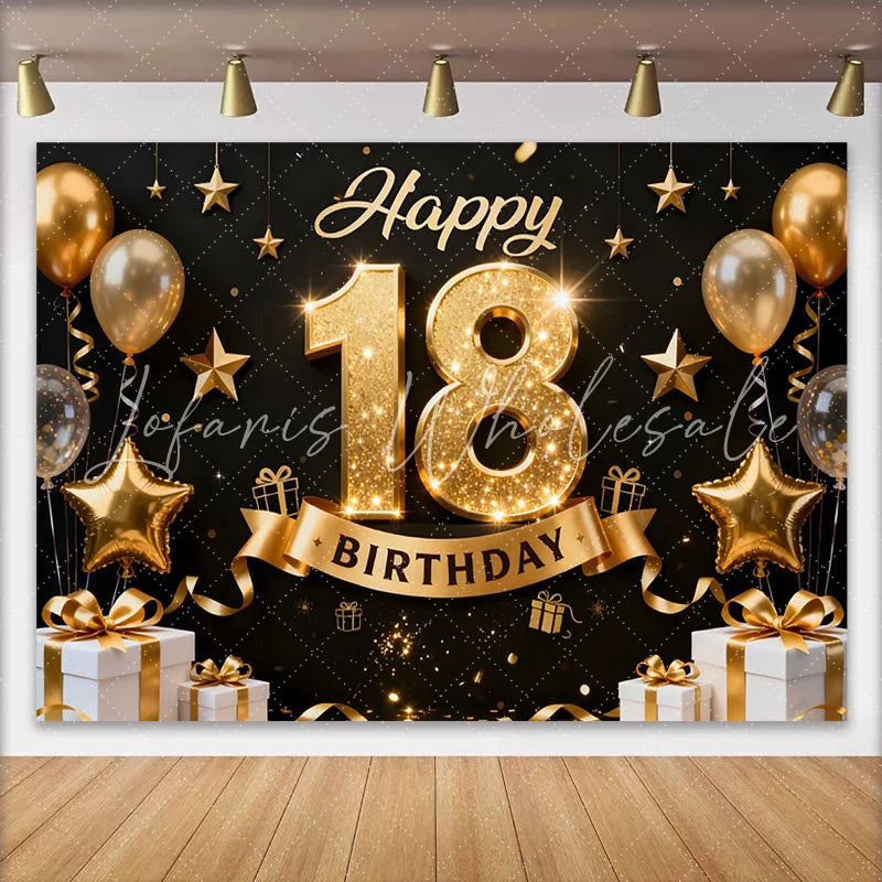 Lofaris Elegant Gold 18th Happy Birthday Backdrop Golden Star Balloons and Gift Boxes Background Milestone Decor