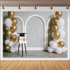 Lofaris Elegant Gold and White Balloons Graduation Backdrop with Books and Cap Arch Wall Background for Party Photoshoot