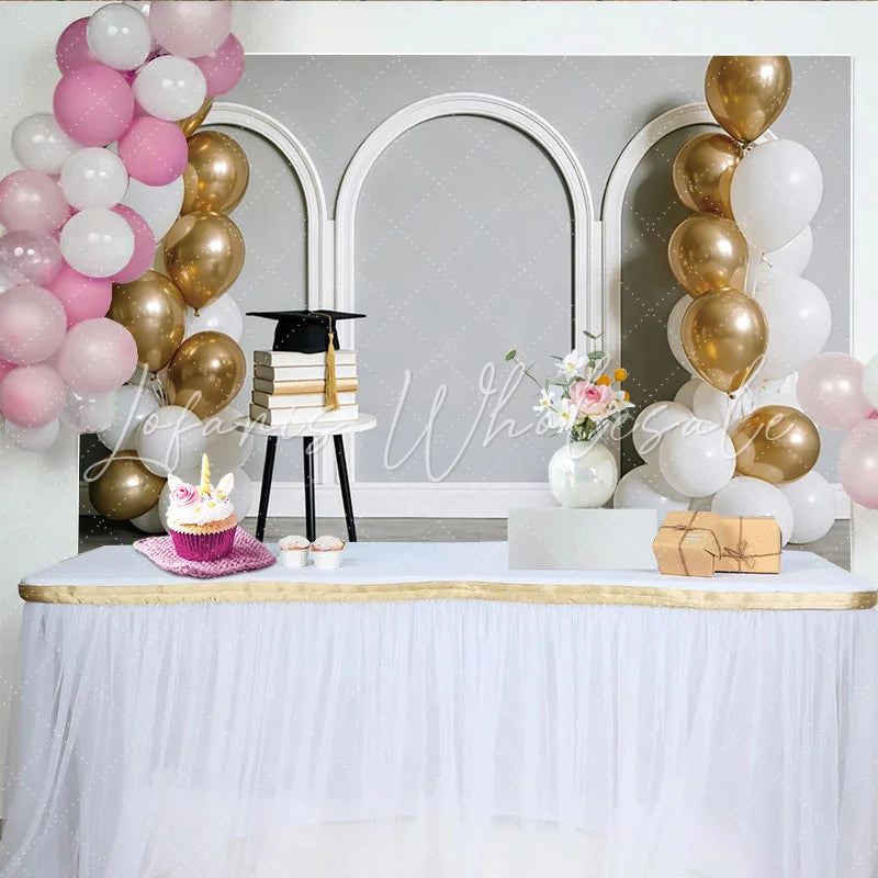 Lofaris Elegant Gold and White Balloons Graduation Backdrop with Books and Cap Arch Wall Background for Party Photoshoot