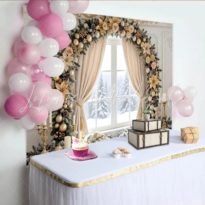 Lofaris Elegant Gold Christmas Window Backdrop with Festive Garland and Ornaments Luxurious Winter Holiday Background for Family Decor