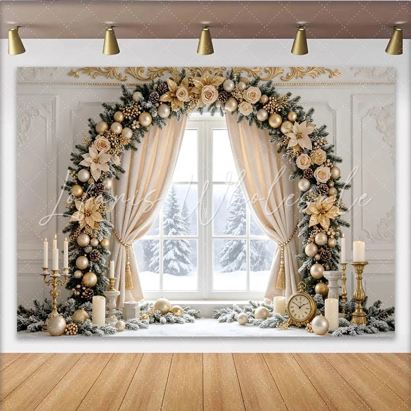 Lofaris Elegant Gold Christmas Window Backdrop with Festive Garland and Ornaments Luxurious Winter Holiday Background for Family Decor