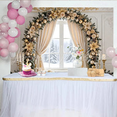 Lofaris Elegant Gold Christmas Window Backdrop with Festive Garland and Ornaments Luxurious Winter Holiday Background for Family Decor