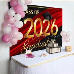 Lofaris Elegant Gold Class of 2026 Graduation Party Backdrop with Cap Red and Black Celebration Decor for Graduates