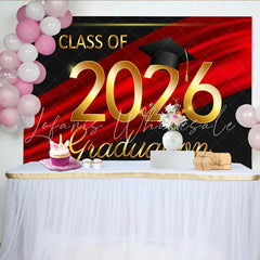 Lofaris Elegant Gold Class of 2026 Graduation Party Backdrop with Cap Red and Black Celebration Decor for Graduates
