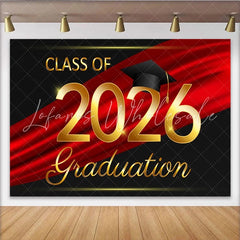 Lofaris Elegant Gold Class of 2026 Graduation Party Backdrop with Cap Red and Black Celebration Decor for Graduates