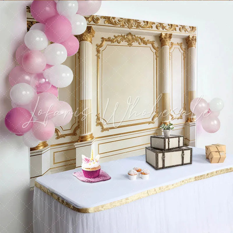 Lofaris Elegant Gold Column Photography Backdrop with Ornate Moldings Luxurious Studio Background for Professional Portrait.