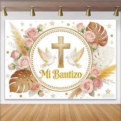 Lofaris Elegant Gold Cross Baptism Backdrop with Doves and Pink Roses Mi Bautizo Religious Party Decor for Christening Event
