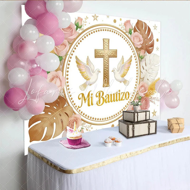 Lofaris Elegant Gold Cross Baptism Backdrop with Doves and Pink Roses Mi Bautizo Religious Party Decor for Christening Event