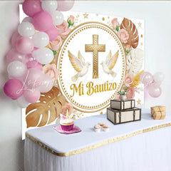 Lofaris Elegant Gold Cross Baptism Backdrop with Doves and Pink Roses Mi Bautizo Religious Party Decor for Christening Event