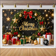 Lofaris Elegant Gold Glitter Merry Christmas Wreath Party Backdrop with Festive Gifts and Stars