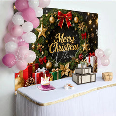 Lofaris Elegant Gold Glitter Merry Christmas Wreath Party Backdrop with Festive Gifts and Stars