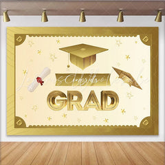 Lofaris Elegant Gold Graduation Backdrop with Cap and Diploma Sparkling Congrats Banner for Party Decoration