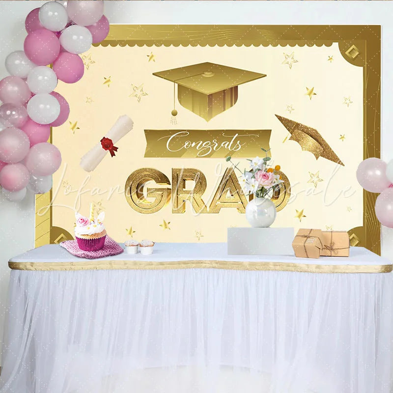 Lofaris Elegant Gold Graduation Backdrop with Cap and Diploma Sparkling Congrats Banner for Party Decoration