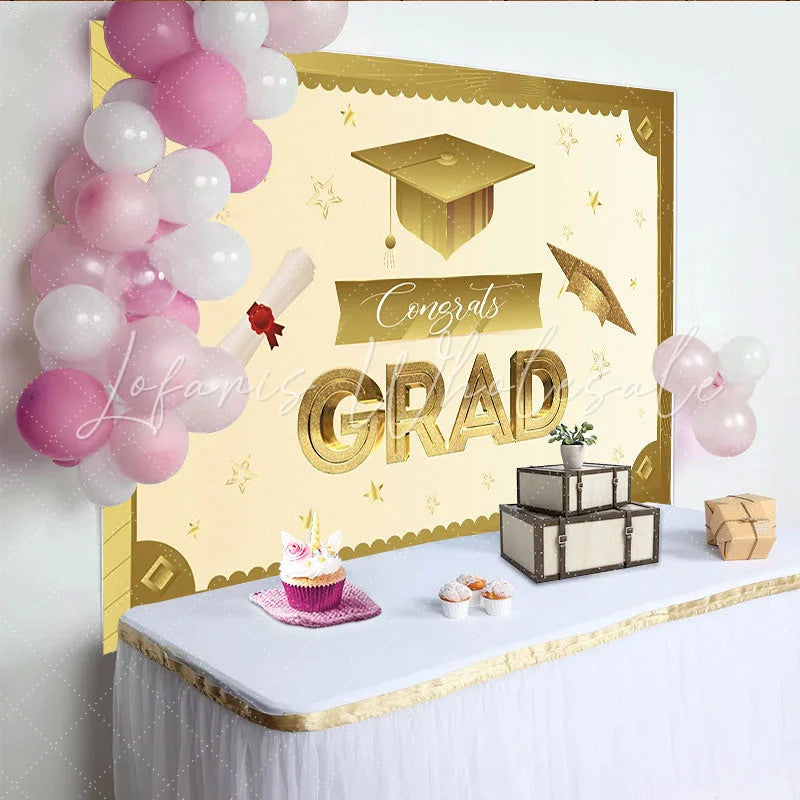 Lofaris Elegant Gold Graduation Backdrop with Cap and Diploma Sparkling Congrats Banner for Party Decoration