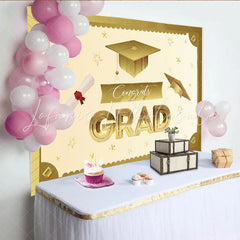 Lofaris Elegant Gold Graduation Backdrop with Cap and Diploma Sparkling Congrats Banner for Party Decoration