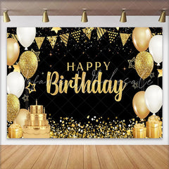 Lofaris Elegant Gold Happy Birthday Backdrop 3-Tier Cake and Golden Gift Boxes Background Gala Party Decor