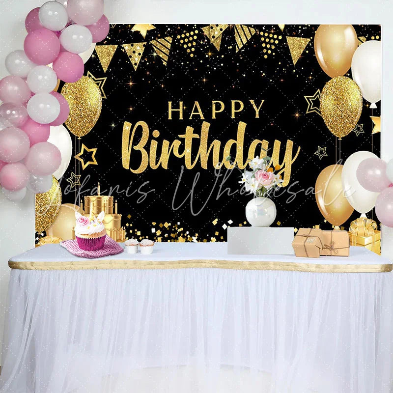 Lofaris Elegant Gold Happy Birthday Backdrop 3-Tier Cake and Golden Gift Boxes Background Gala Party Decor
