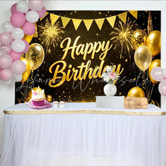 Lofaris Elegant Gold Happy Birthday Backdrop with Balloons Glitter and Fireworks Black Party Background for Photography Studio