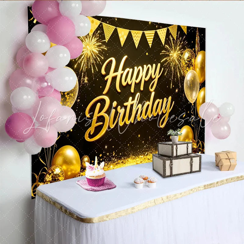 Lofaris Elegant Gold Happy Birthday Backdrop with Balloons Glitter and Fireworks Black Party Background for Photography Studio