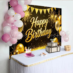 Lofaris Elegant Gold Happy Birthday Backdrop with Balloons Glitter and Fireworks Black Party Background for Photography Studio