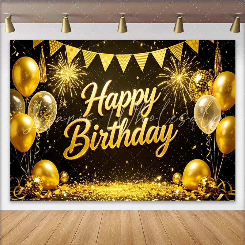 Lofaris Elegant Gold Happy Birthday Backdrop with Balloons Glitter and Fireworks Black Party Background for Photography Studio