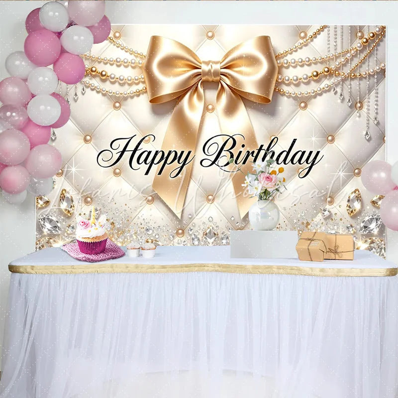 Lofaris Elegant Gold Happy Birthday Backdrop with Diamonds and Pearls Luxurious Party Decor for Women and Girls Photoshoot