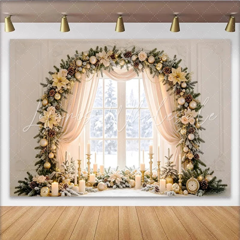 Lofaris Elegant Golden Christmas Window Backdrop with Snowy View Festive Holiday Decor for Winter Photography