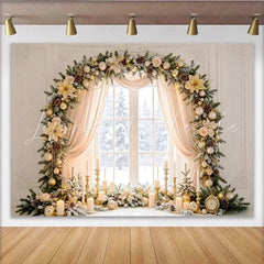 Lofaris Elegant Golden Christmas Window Backdrop with Snowy View Festive Holiday Decor for Winter Photography