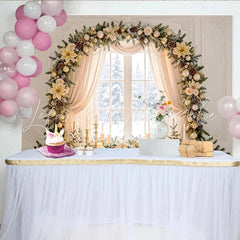 Lofaris Elegant Golden Christmas Window Backdrop with Snowy View Festive Holiday Decor for Winter Photography