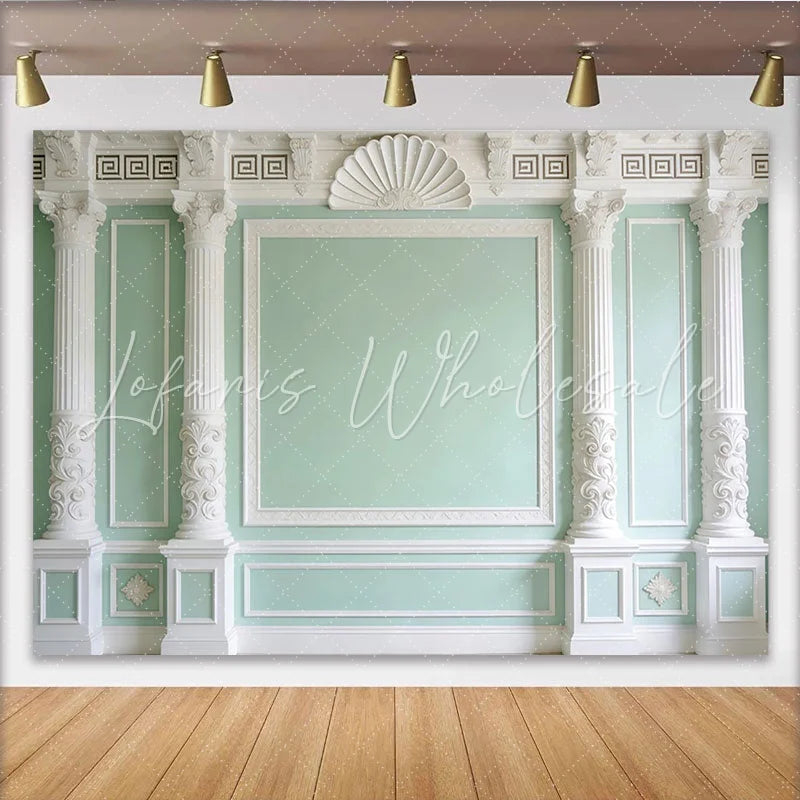 Lofaris Elegant Light Green Classical Architecture Photography Backdrop White Columns and Ornate Moldings Studio Background for Portraits