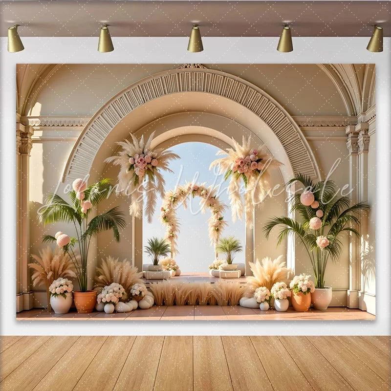 Lofaris Elegant Pampas Grass Wedding Arch Backdrop with Pink Roses Romantic Floral Background for Bridal Shower and Event Photos