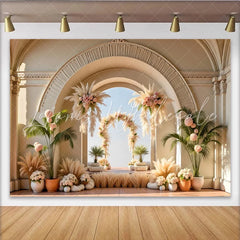 Lofaris Elegant Pampas Grass Wedding Arch Backdrop with Pink Roses Romantic Floral Background for Bridal Shower and Event Photos
